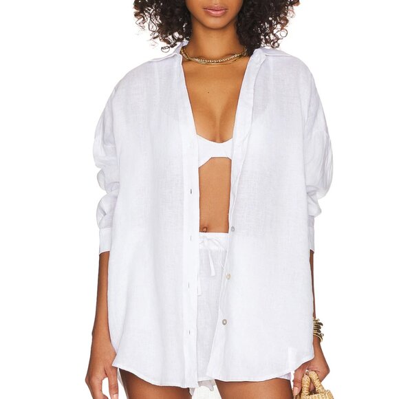 NEW LSPACE Rio Tunic Button Down Shirt Blouse White Linen Cotton L Space Swim - Picture 1 of 4